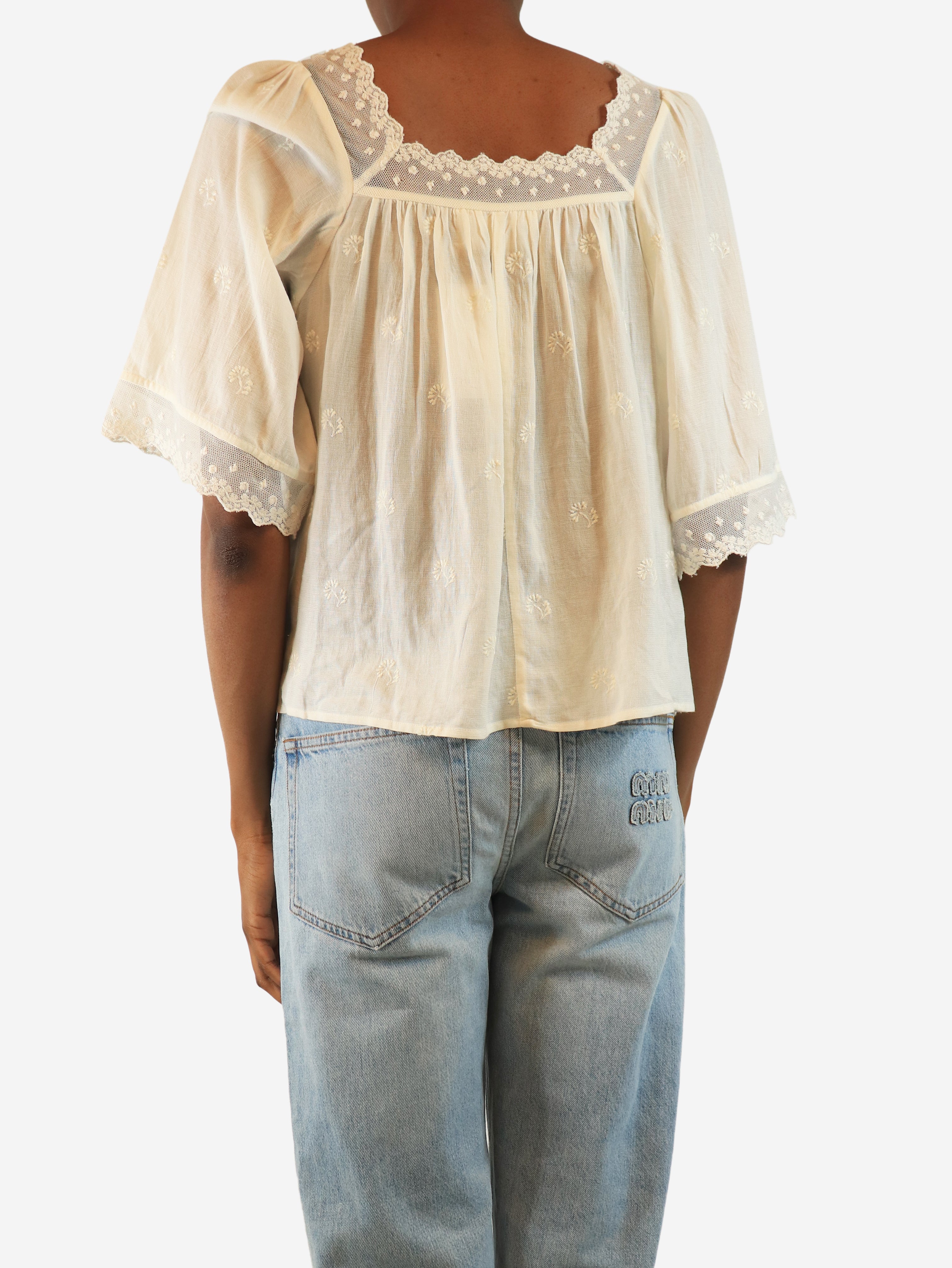 Cream lace-trim milkmaid top - size UK 6