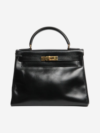Noir vintage 1989 Kelly 28 bag in Box Calf leather Top Handle Bags Hermes 