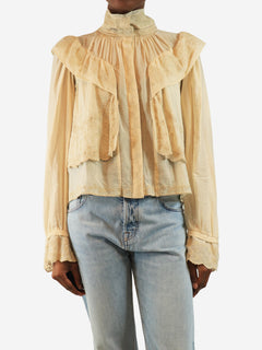 Neutral embroidered ruffle blouse - size UK 6