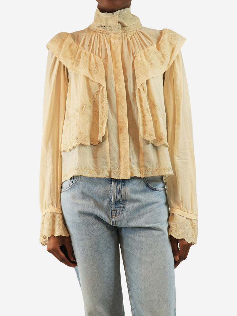 Neutral embroidered ruffle blouse - size UK 6