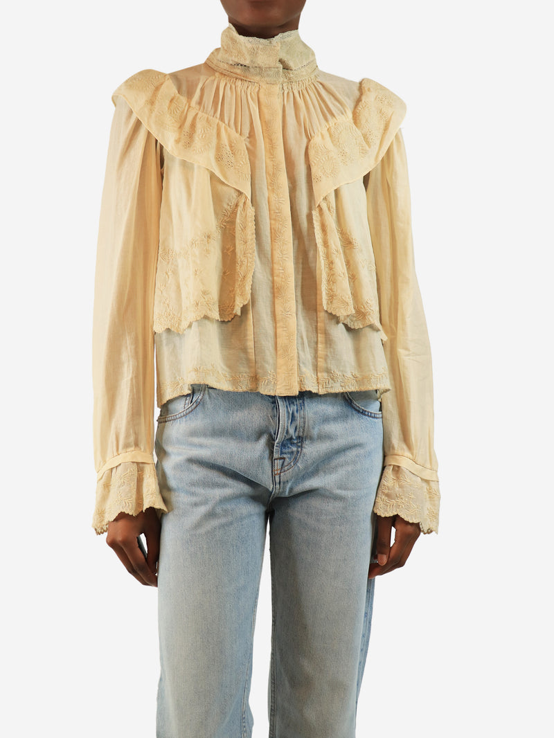 Neutral embroidered ruffle blouse - size UK 6