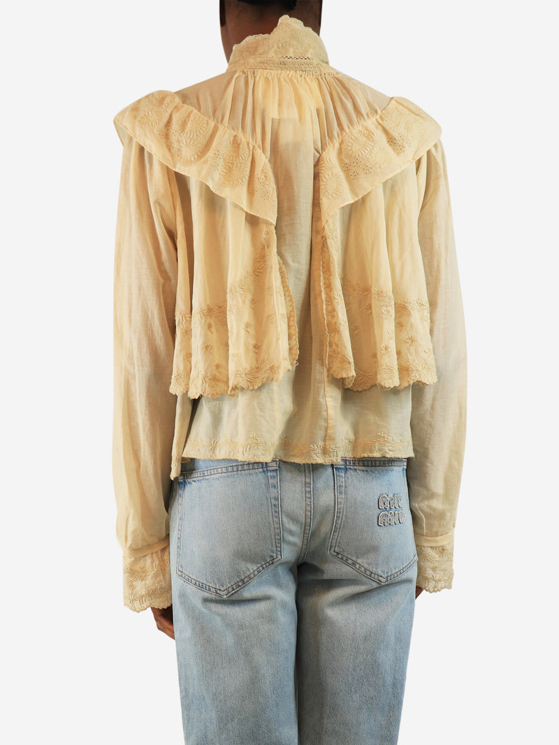 Neutral embroidered ruffle blouse - size UK 6