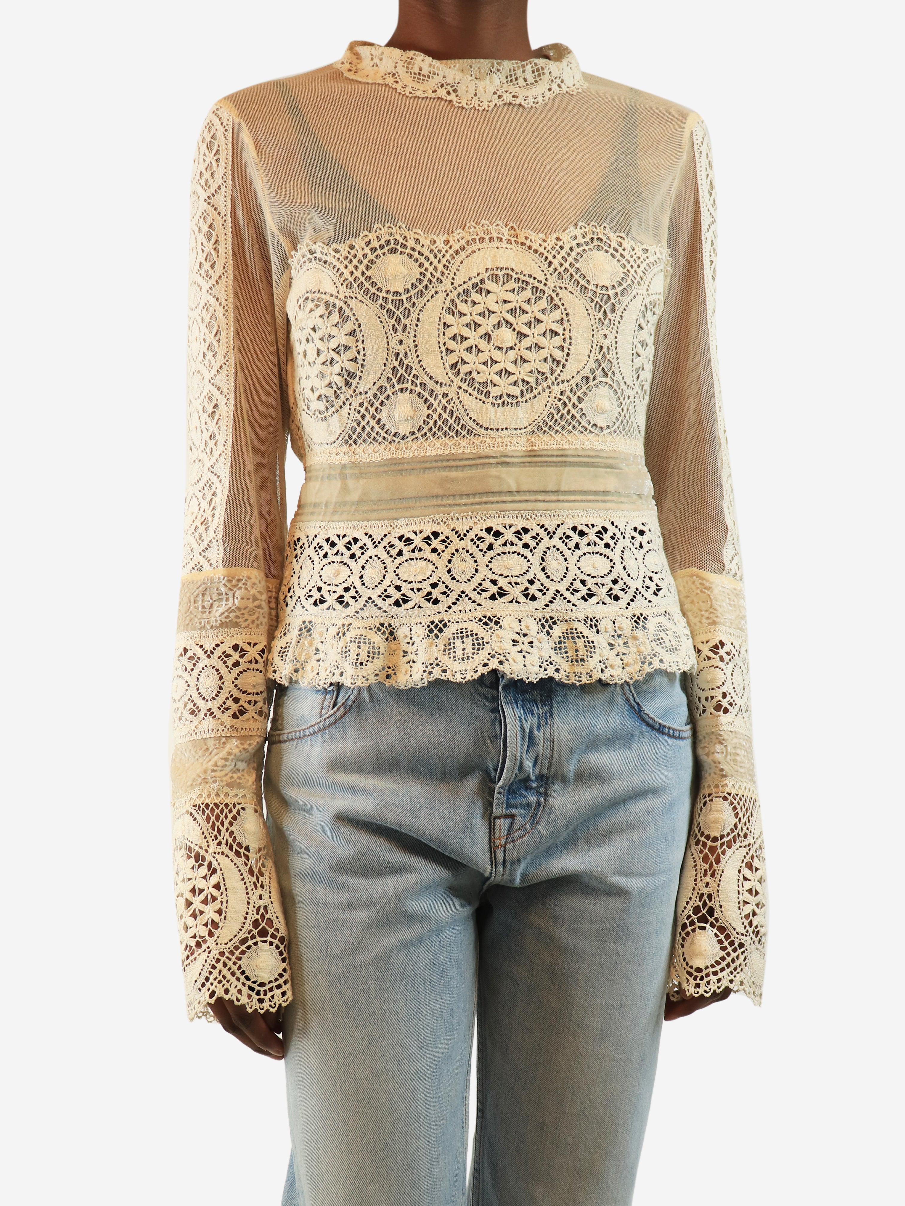 Cream lace mesh top - size UK 12