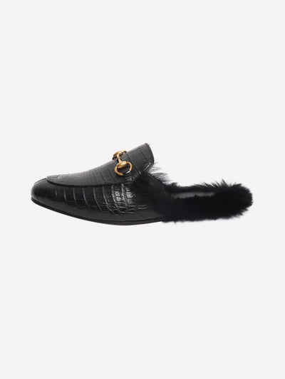 Black reptile-effect horsebit fur mules - size UK 6.5 Flat Shoes Gucci 