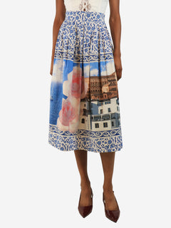 Blue cotton printed midi skirt - size UK 4