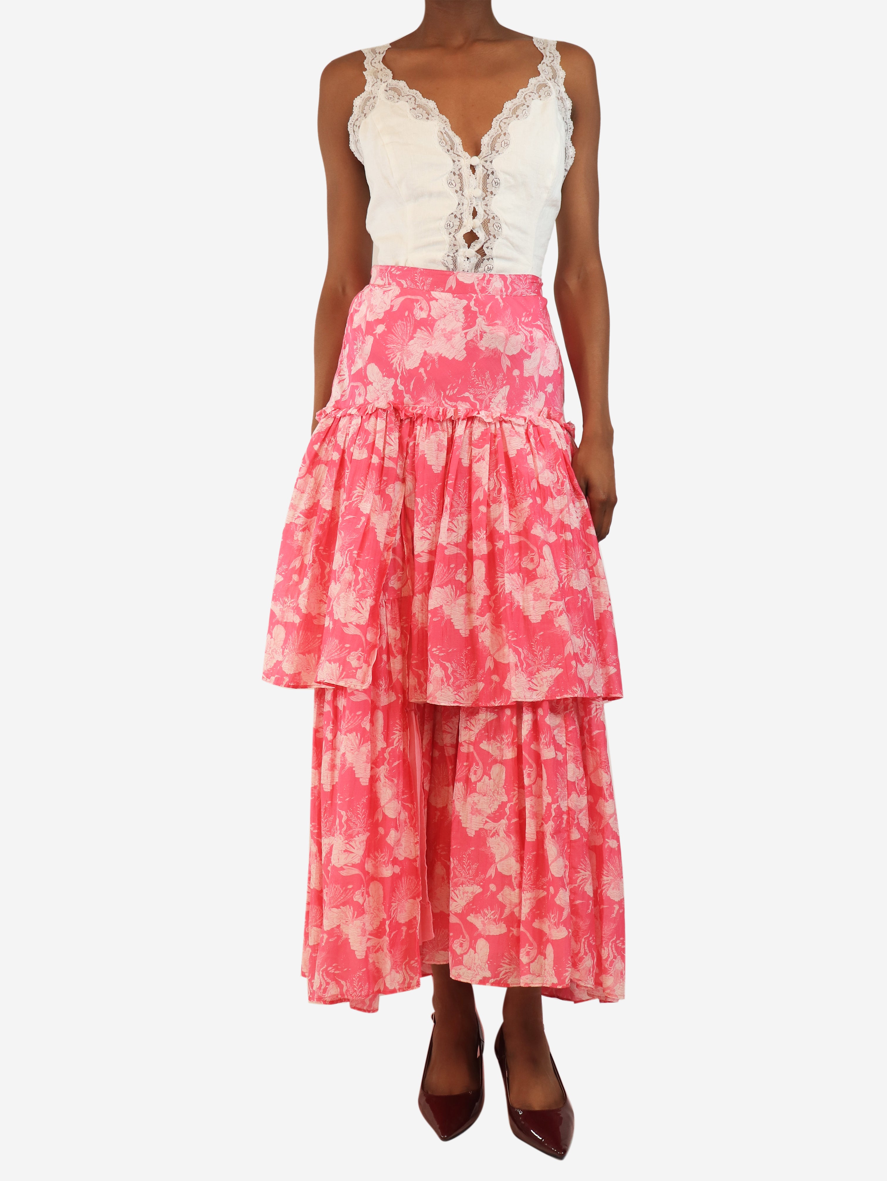 Pink tiered floral maxi skirt - size XS