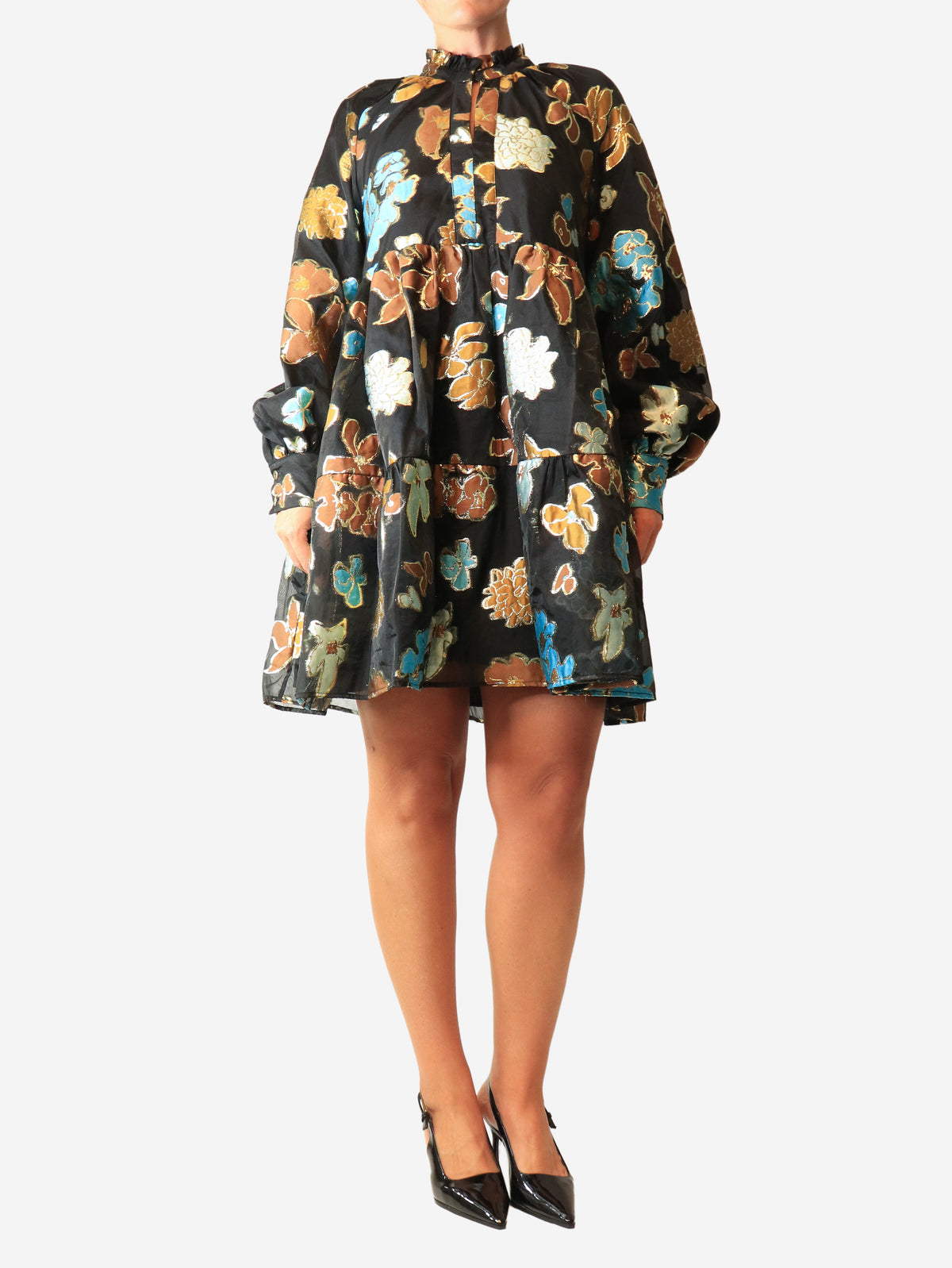 Lurex multi floral print mini dress - size UK 8