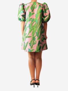 Pink fuff sleeve mini dress with leaf print - size UK 8