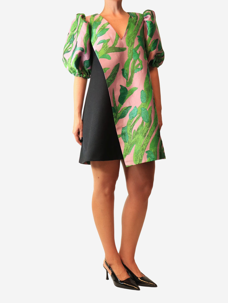 Pink fuff sleeve mini dress with leaf print - size UK 8