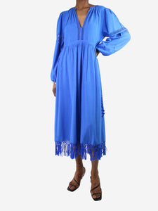 Ulla Johnson Blue silk puff-sleeved fringed midi dress - size UK 6