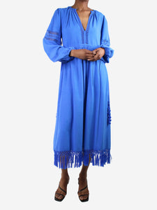 Ulla Johnson Blue silk puff-sleeved fringed midi dress - size UK 6