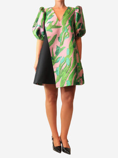 Pink fuff sleeve mini dress with leaf print - size UK 8