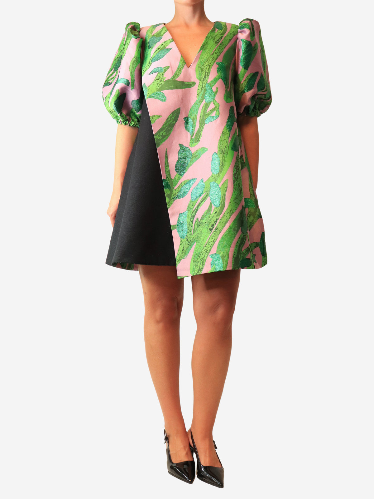 Pink fuff sleeve mini dress with leaf print - size UK 8