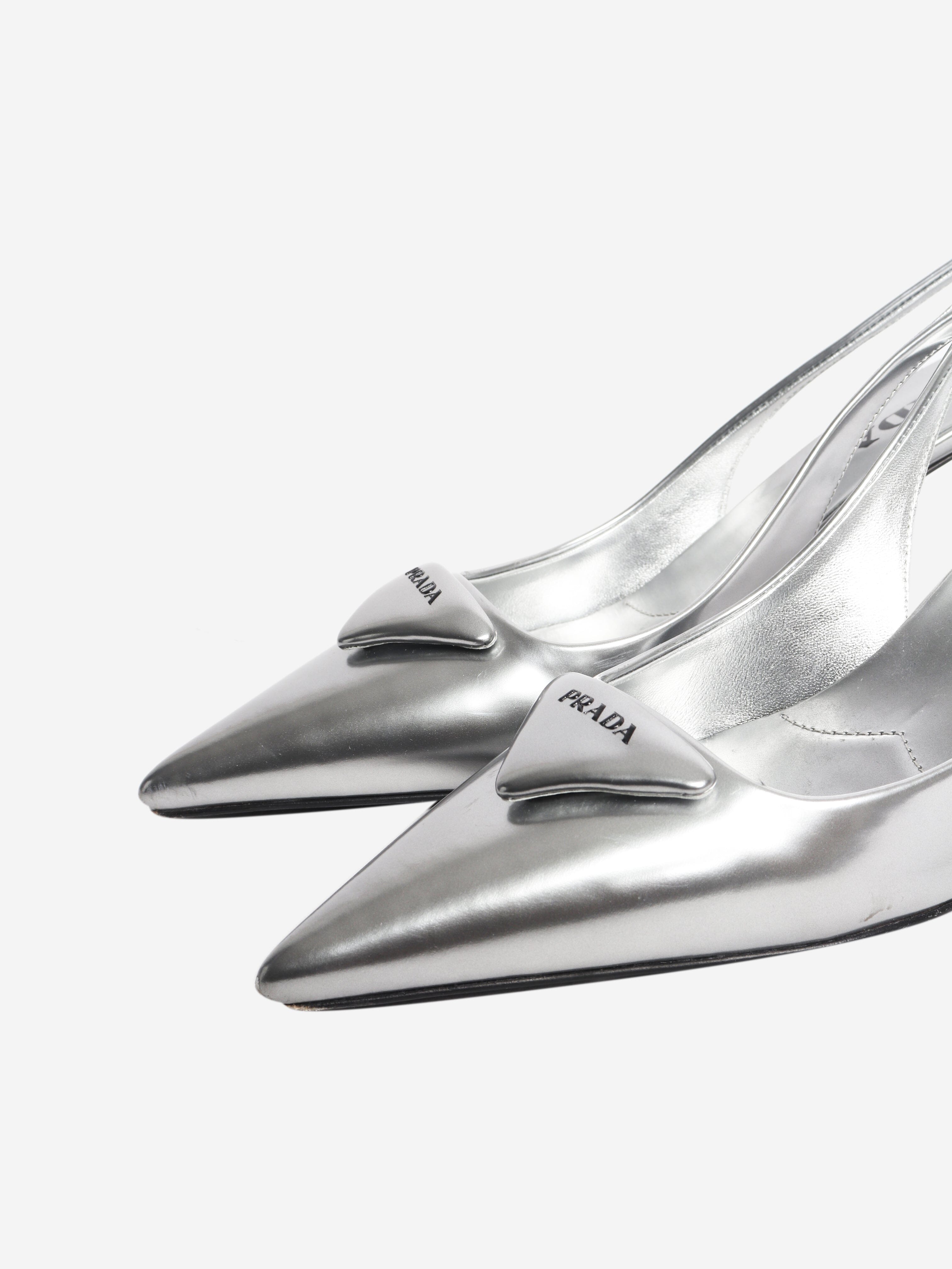 Silver leather slingback pumps - size EU 38