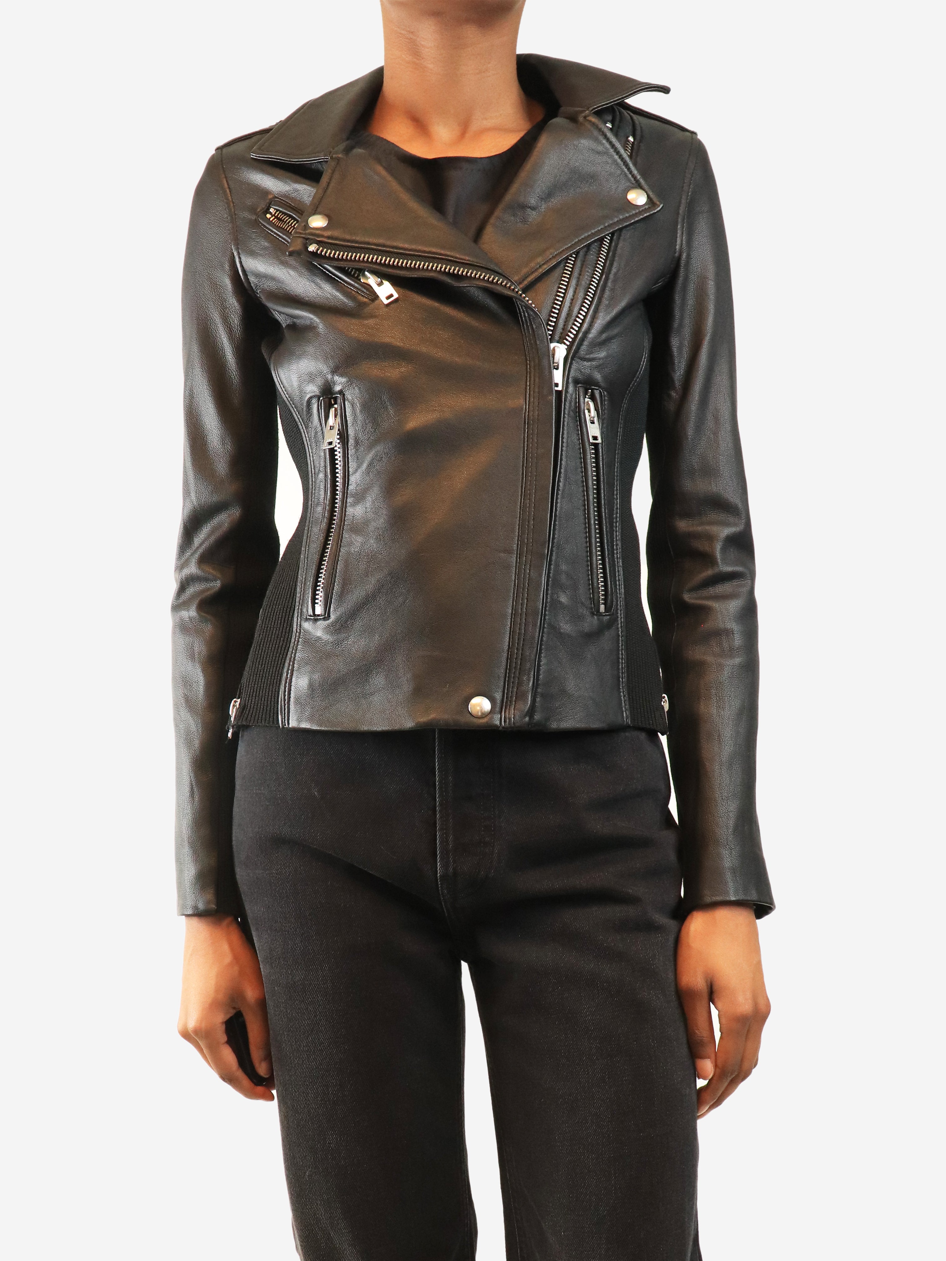 Black leather biker jacket - size UK 6