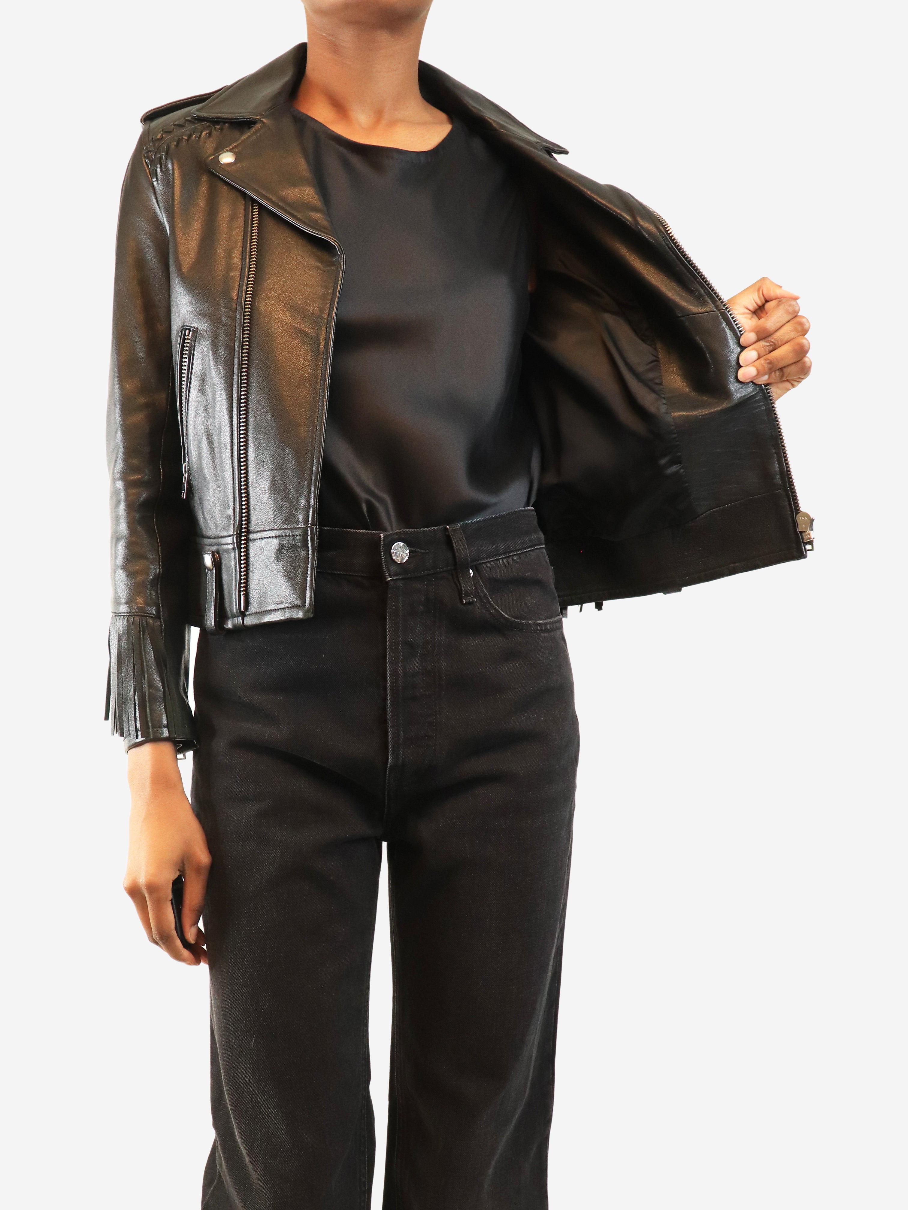 Black fringed biker jacket - size UK 6