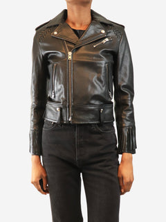 Black fringed biker jacket - size UK 6
