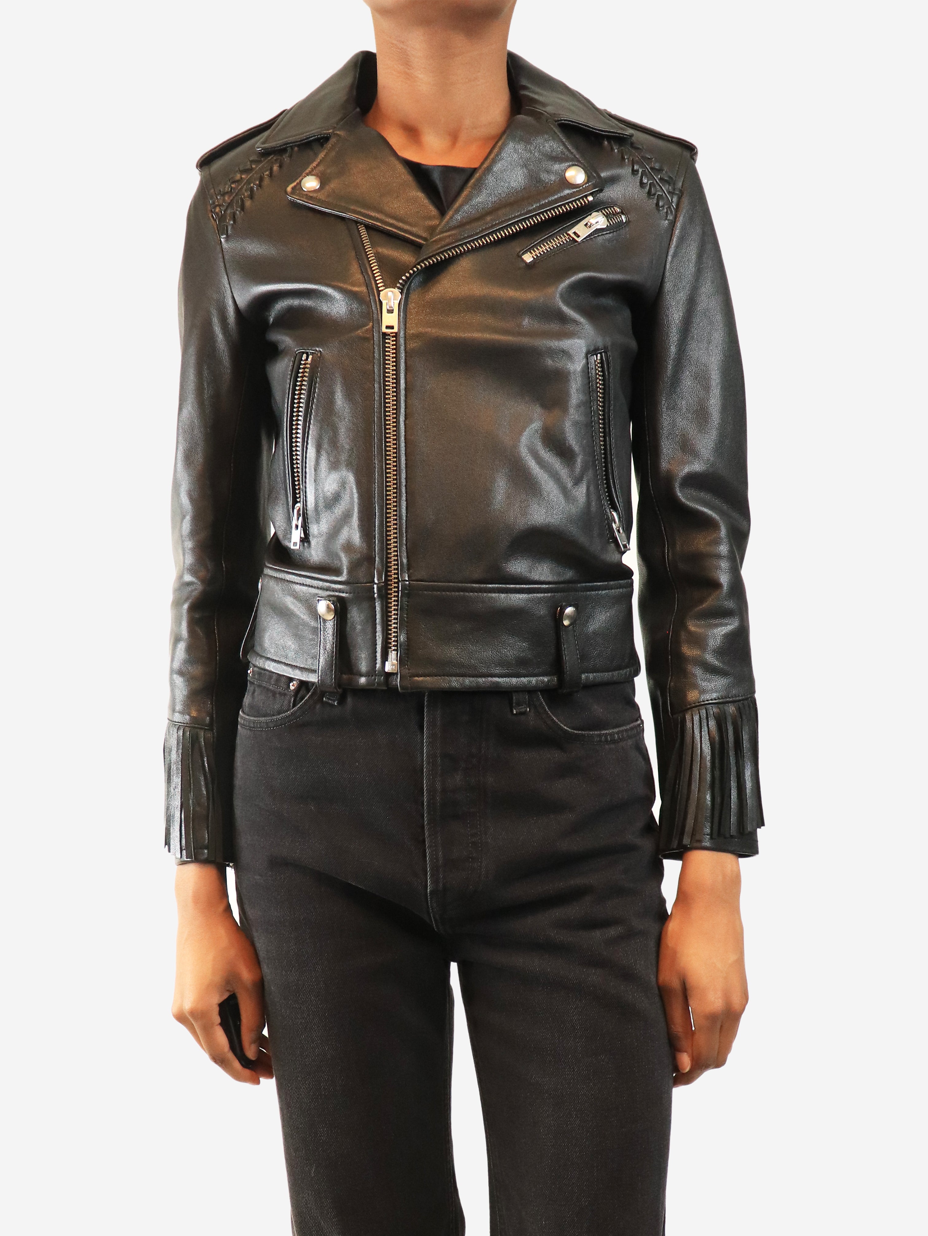Black fringed biker jacket - size UK 6