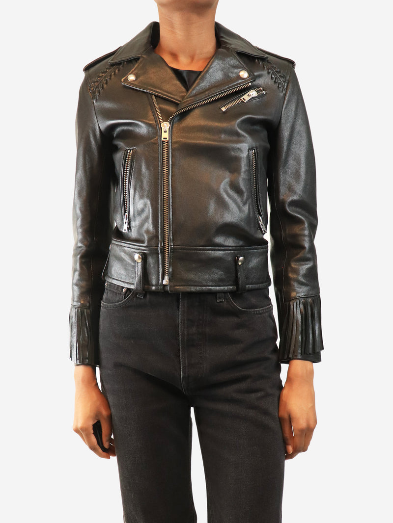 Black fringed biker jacket - size UK 6