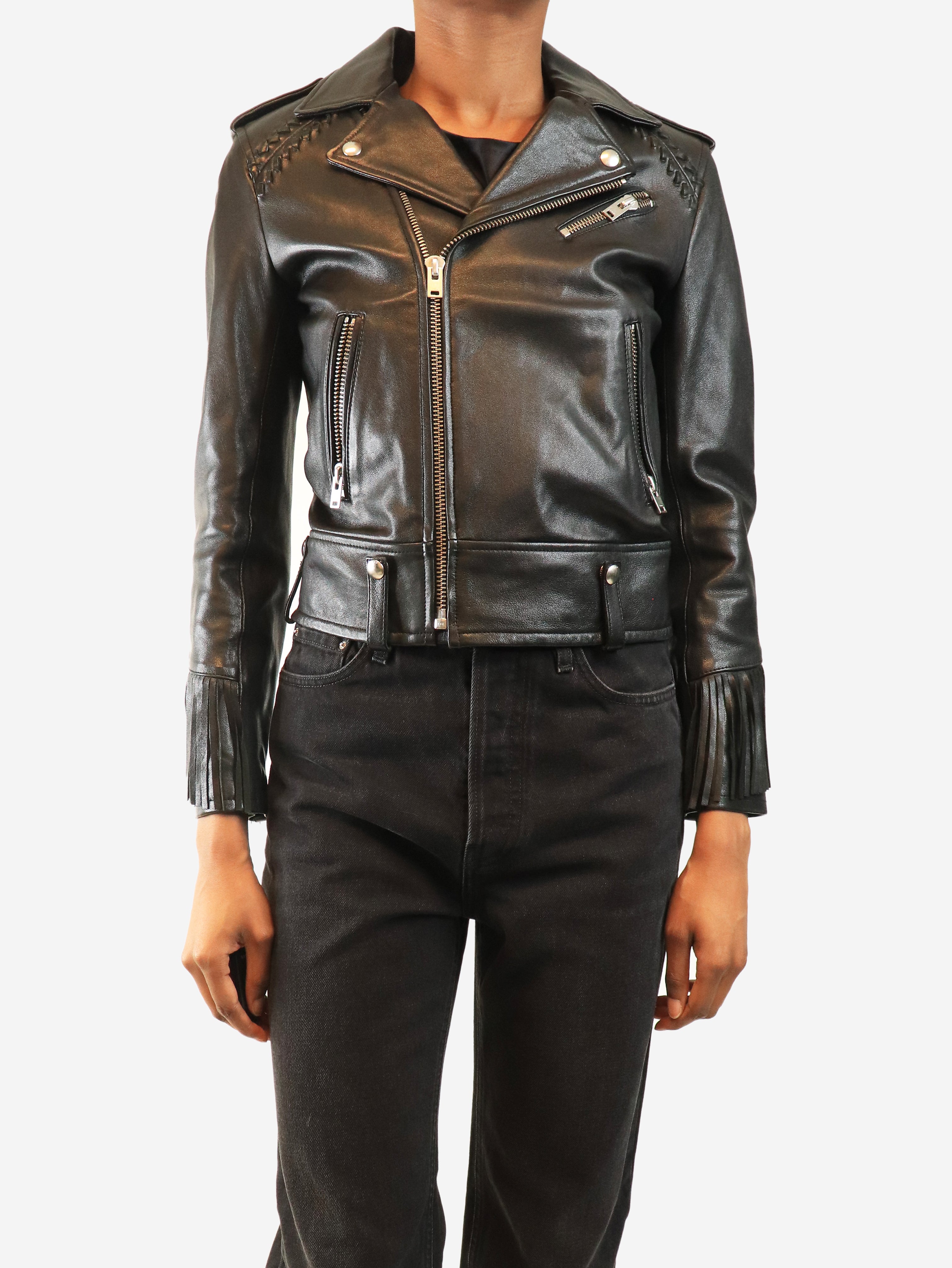 Black fringed biker jacket - size UK 6