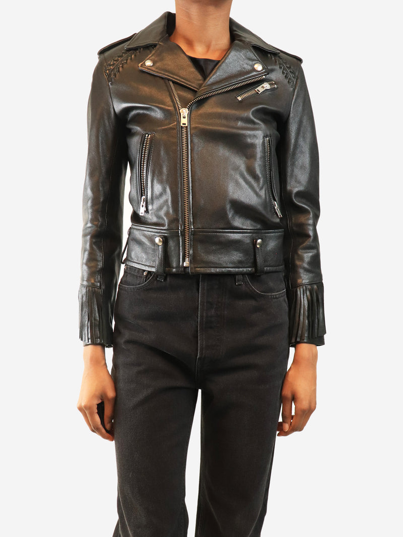 Black fringed biker jacket - size UK 6