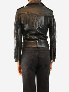 Black fringed biker jacket - size UK 6