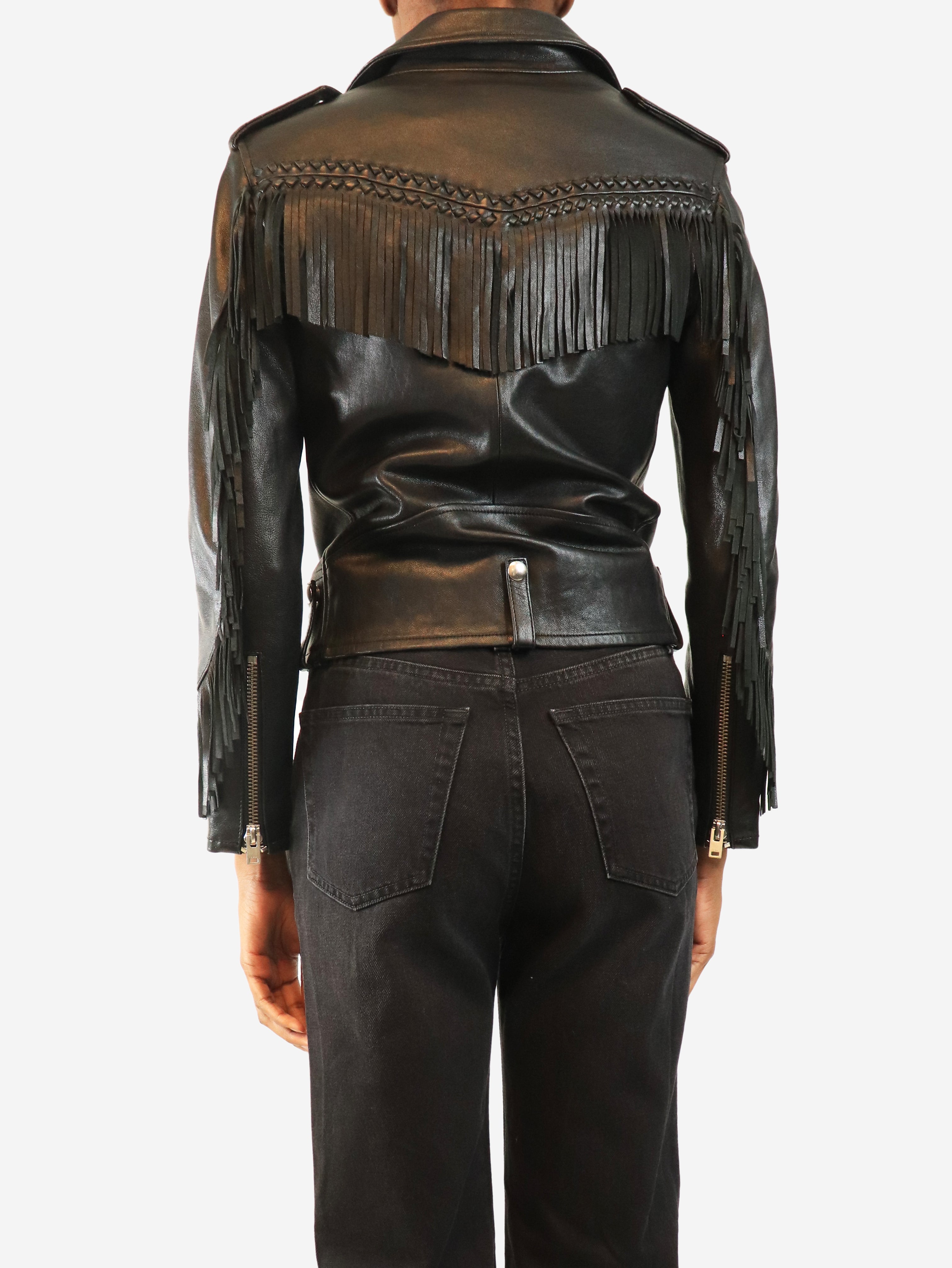 Black fringed biker jacket - size UK 6