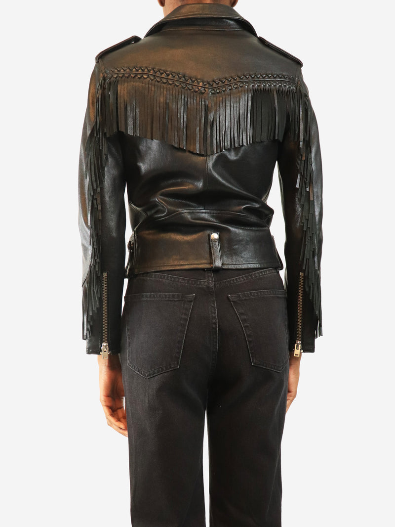 Black fringed biker jacket - size UK 6