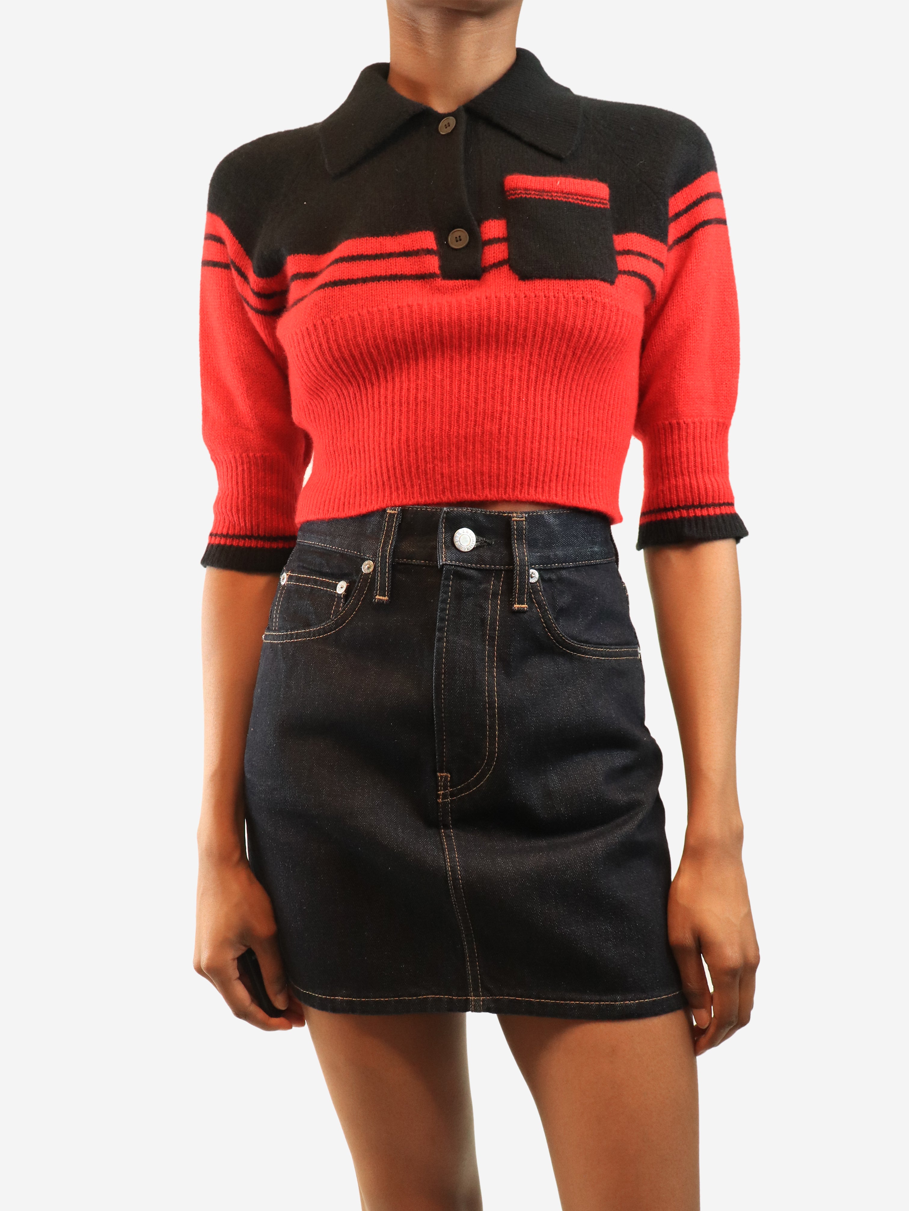Red and black polo knit crop-top - size UK 6