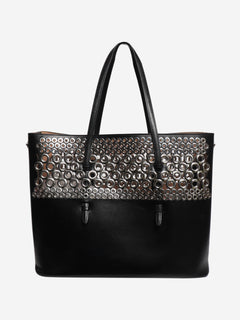 Black leather grommet tote bag