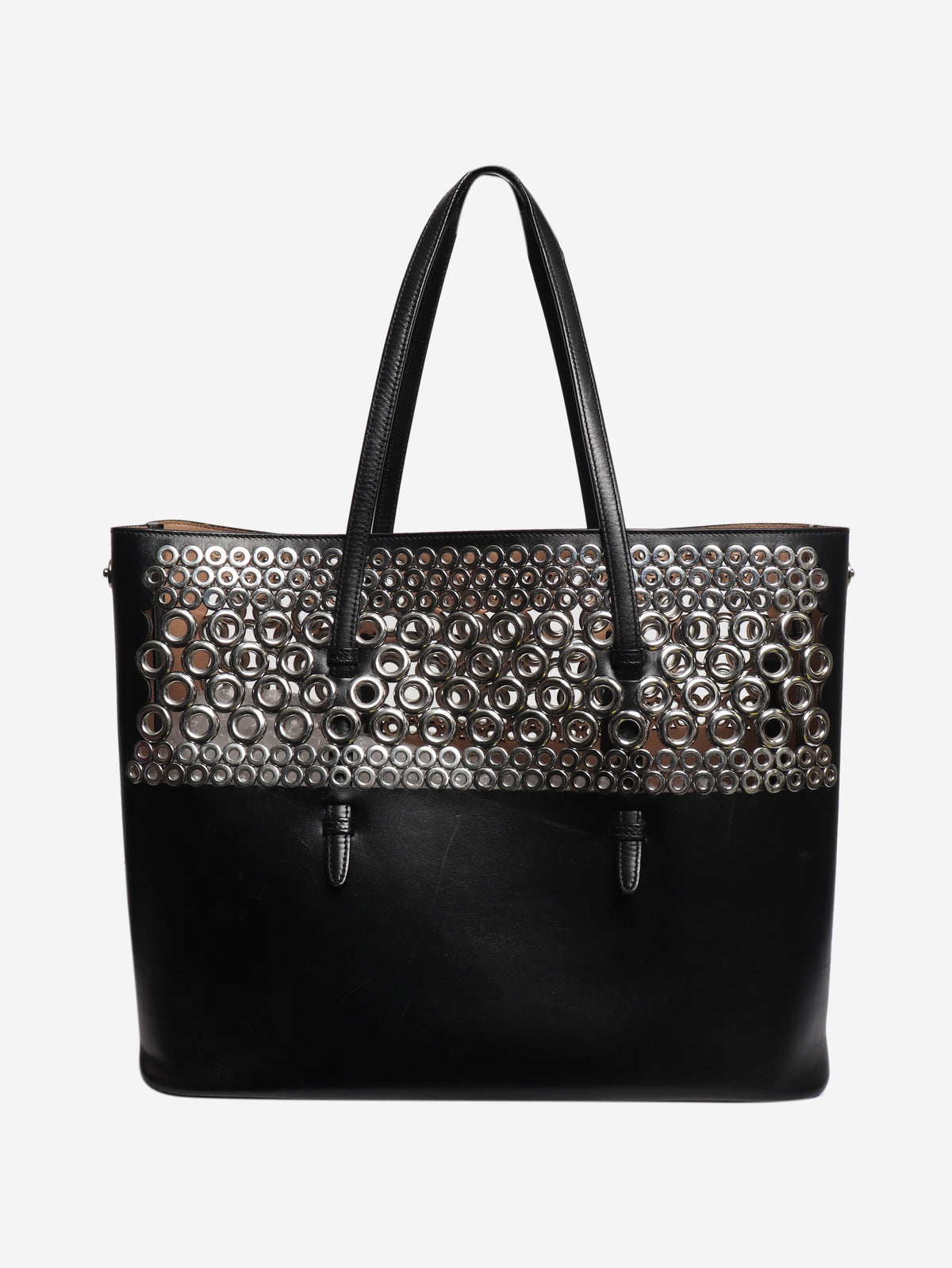Black leather grommet tote bag