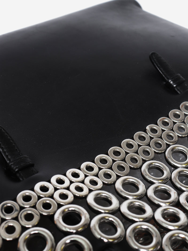 Black leather grommet tote bag