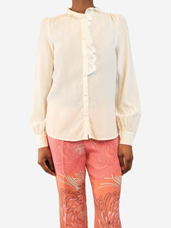 Cream silk crepe ruffled blouse - size UK 6