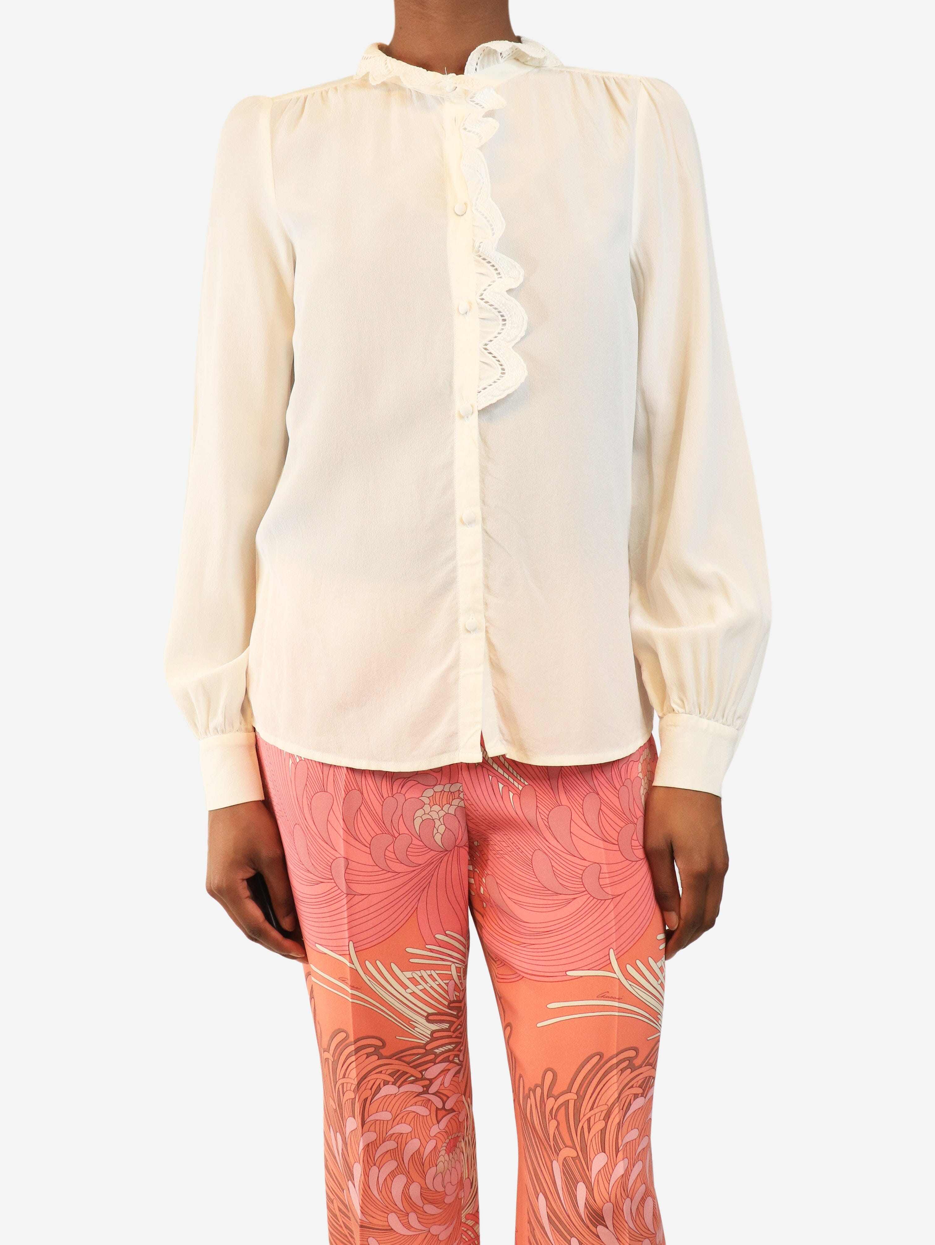Cream silk crepe ruffled blouse - size UK 6