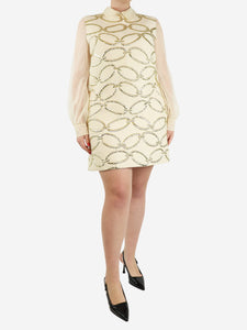 Valentino Cream and gold sheer-sleeved chain-applique mini dress - size UK 14