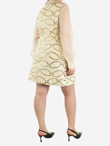 Valentino Cream and gold sheer-sleeved chain-applique mini dress - size UK 14