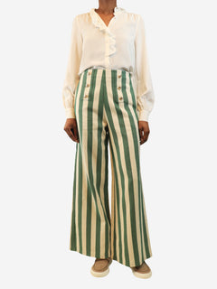 Green and beige high-waisted stripey trousers - size S