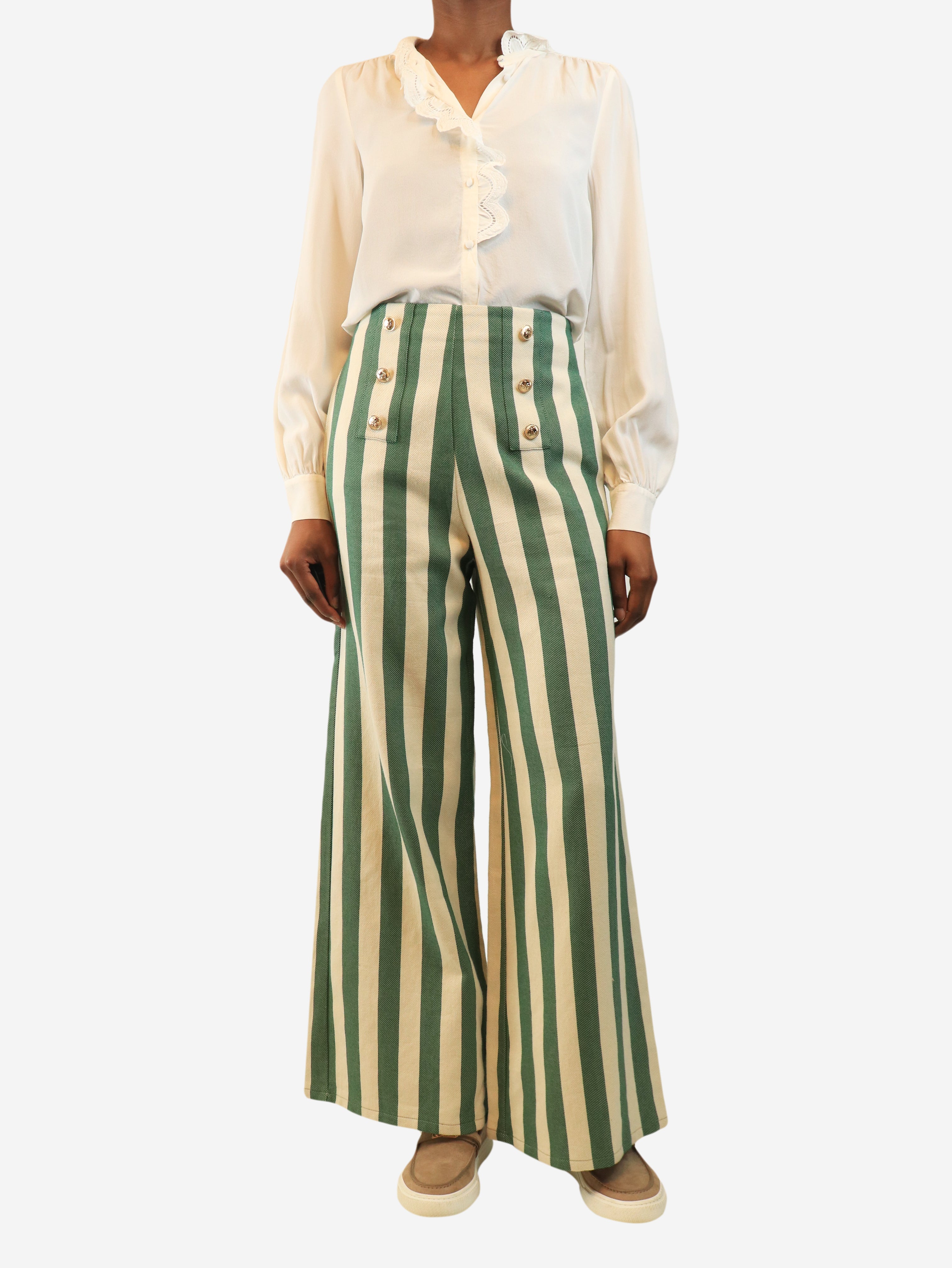 Green and beige high-waisted stripey trousers - size S