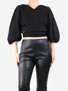 Emilia Wickstead Black lurex fuzzy puff-sleeved crop-top - size UK 10