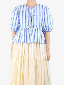 Ganni Blue striped tie-front peplum top - size UK 12