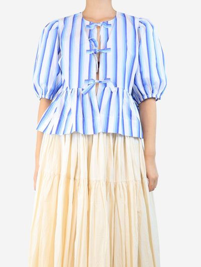 Blue striped tie-front peplum top - size UK 12 Tops Ganni 