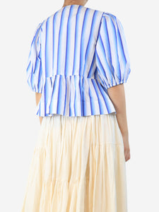 Ganni Blue striped tie-front peplum top - size UK 12