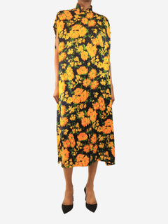 Navy silk oversized floral shirt dress - size UK 6