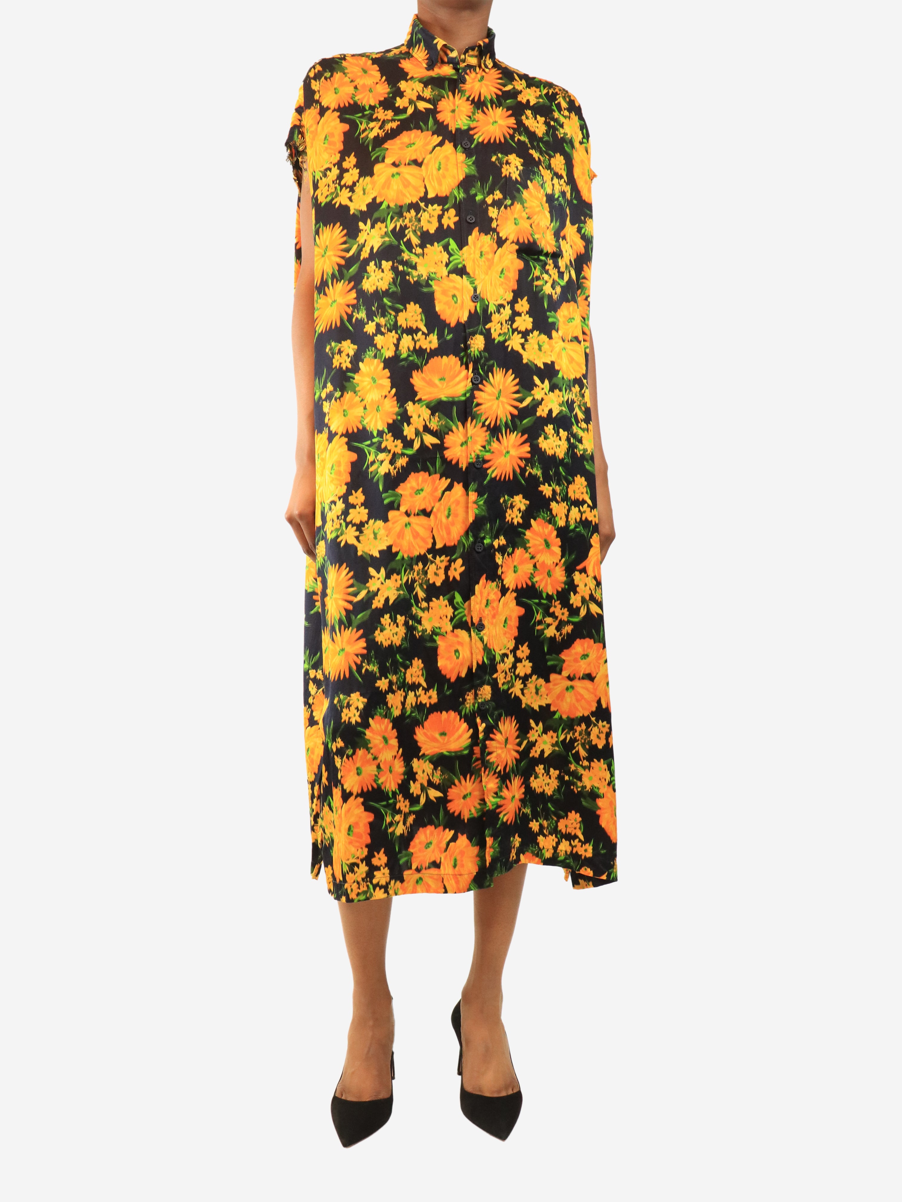 Navy silk oversized floral shirt dress - size UK 6