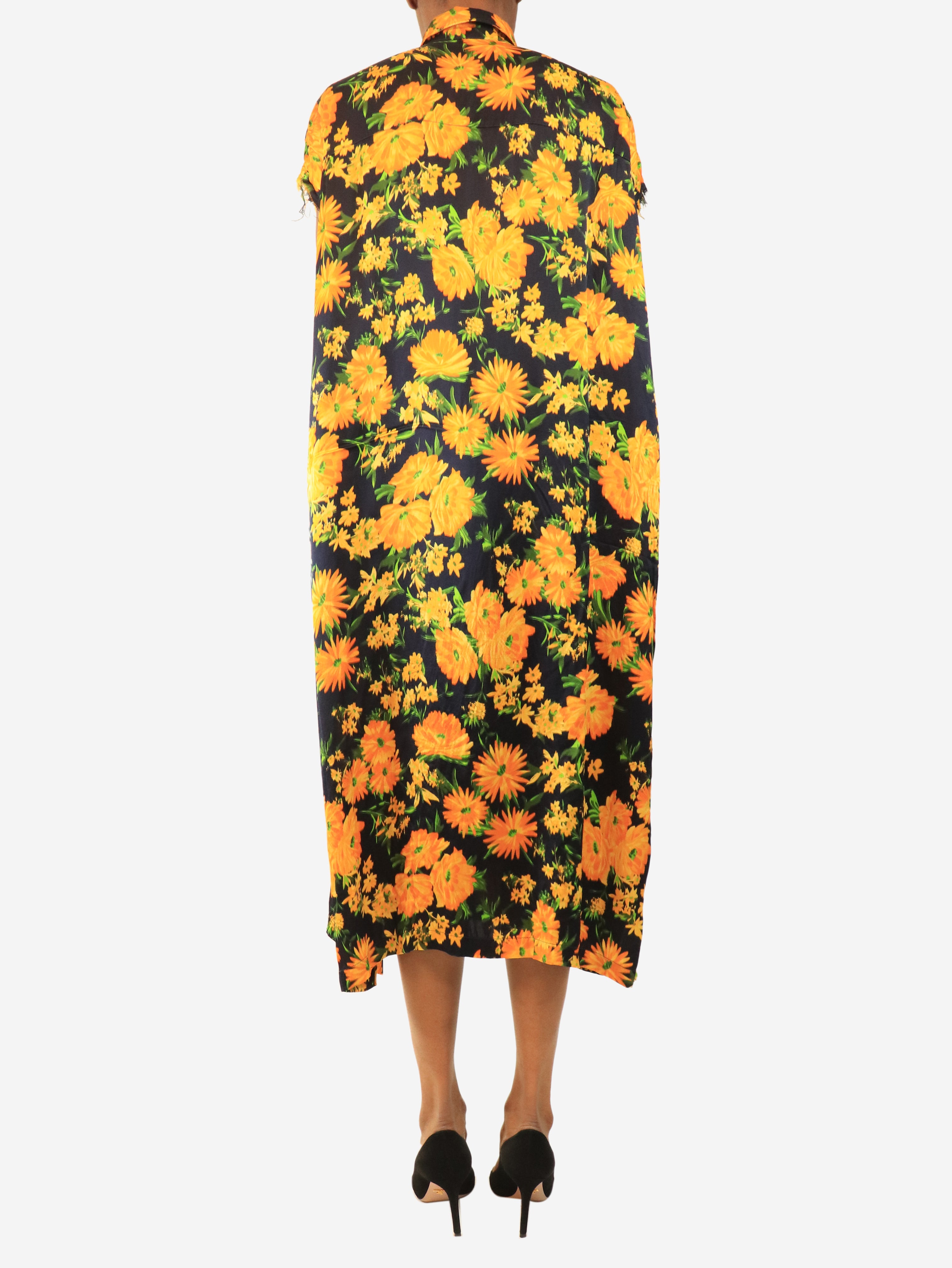 Navy silk oversized floral shirt dress - size UK 6