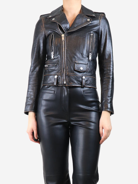 Black leather printed biker jacket - size UK 10 product image