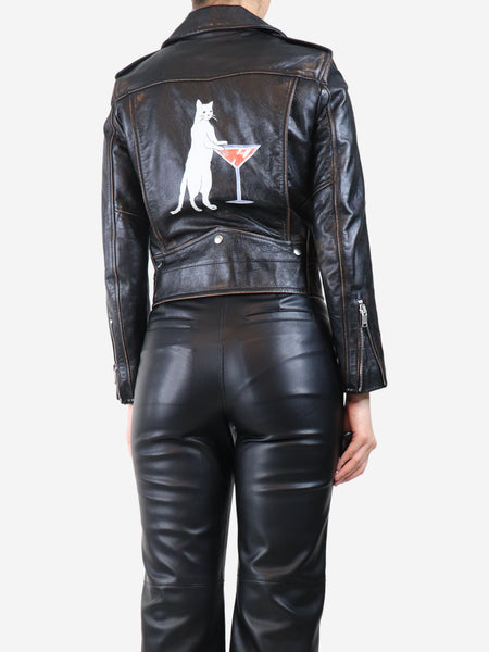 Black leather printed biker jacket - size UK 10 alternate image