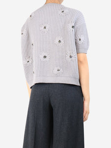 Brunello Cucinelli Grey cashmere embellished short sleeve knit - size S