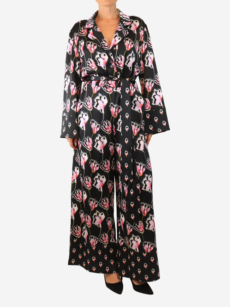 Black and pink belted floral jumpsuit - size UK 14 Jumpsuits Temperley 