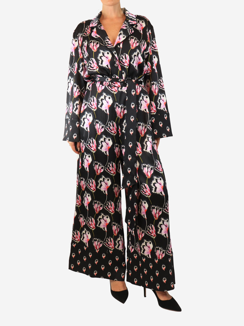 pink belted floral jumpsuit